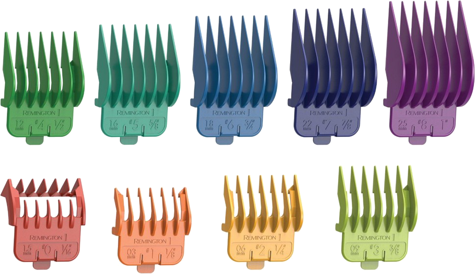 Set von Haarschneidemaschinenaufsätzen in verschiedenen Farben, mit Größenmarkierungen.