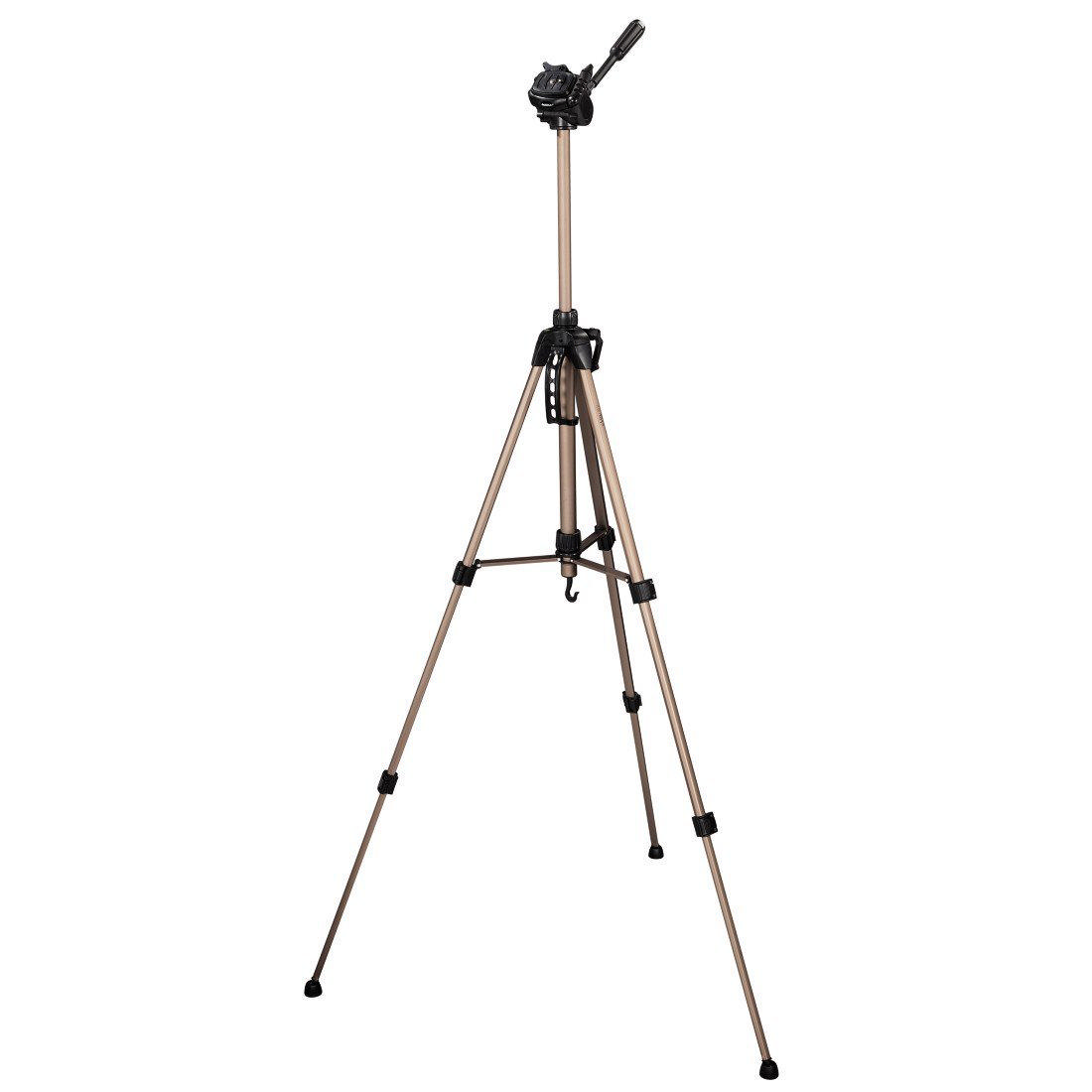 Beyaz arka plan üzerinde tripod standı. Tripodun kahverengi bacakları ve siyah bir kamera yuvası vardır.