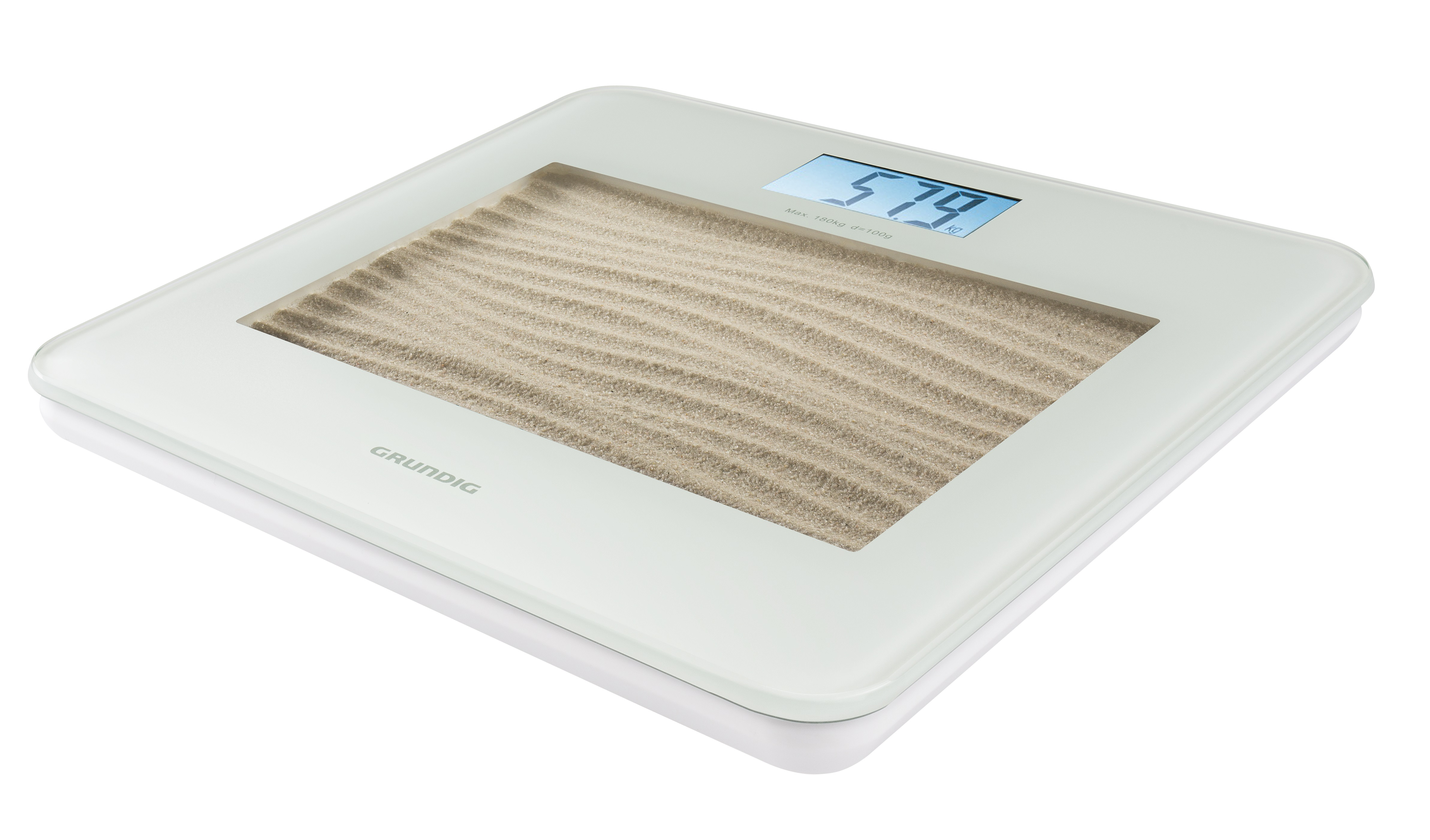 Eine Digitalwaage mit sandartiger Textur in der Mitte. Das Display zeigt 57,9 an. Die Marke ist Grundig.
