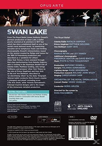 Rückseite einer DVD-Hülle mit Text und Bildern über das Ballett 'Schwanensee' und das Royal Ballet.