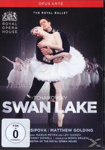 DVD-Cover von Swan Lake-Ballett mit einer Ballerina und einem Mann im Anzug.