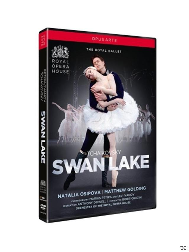 Swan Lake DVD-Hülle. Balletttänzer, schwarzer Hintergrund, Titeltext, Logo Royal Opera House.