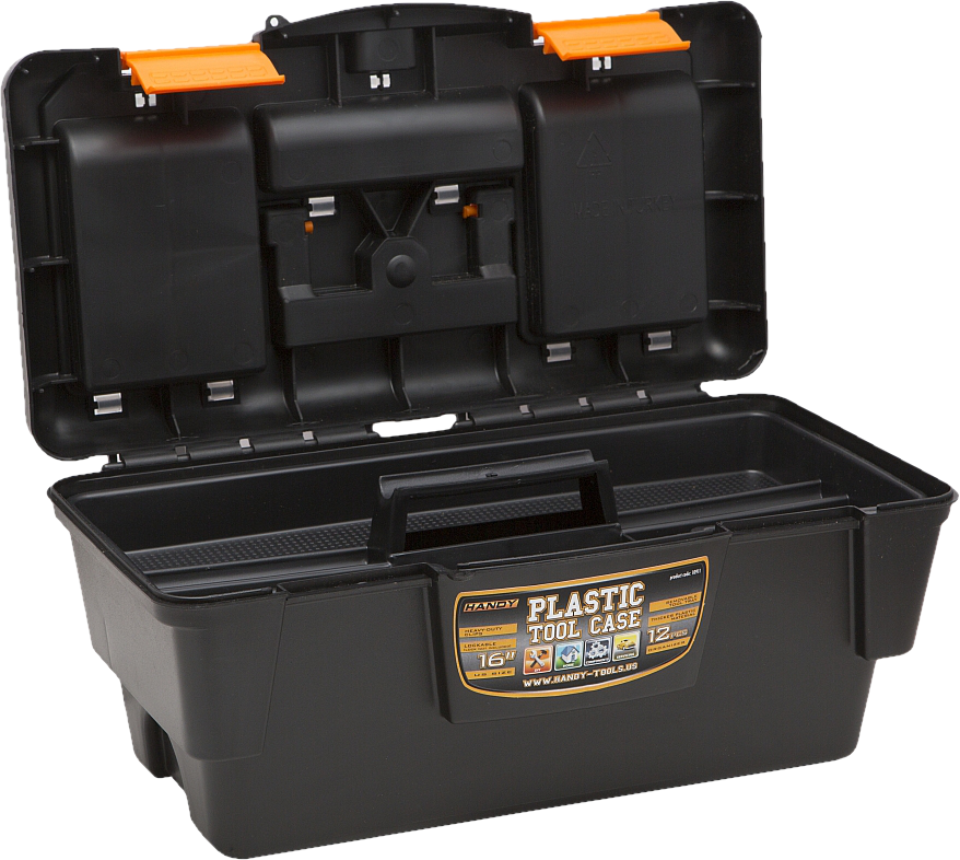 Fekete műanyag szerszámosláda, nyitva. Narancssárga reteszek és fogantyú. Címke: 'Plastic Tool Case' és 'Handy'.