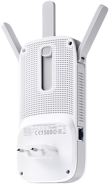 Witte AC1750 Wi-Fi Range Extender met drie antennes en een stekker.