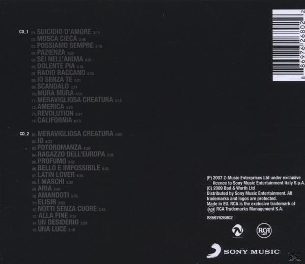 Rückseite eines CD-Covers mit schwarzem Hintergrund, Titellisten und Logos von Sony Music und RCA.