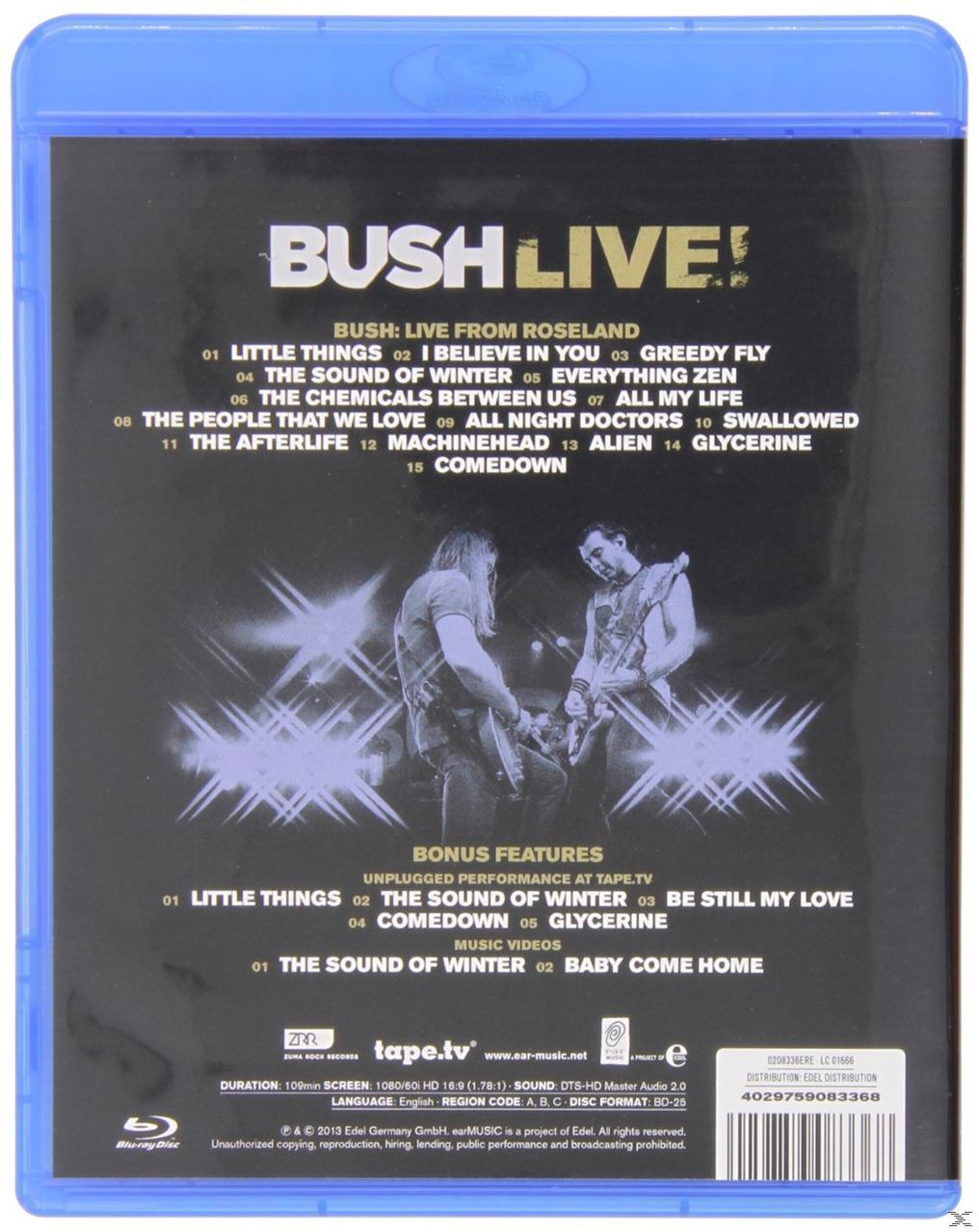 Rückseite der Blu-ray Disc-Hülle. Enthält Trackliste, Bandmitglieder und Musikvideos von Bush: Live From Roseland.
