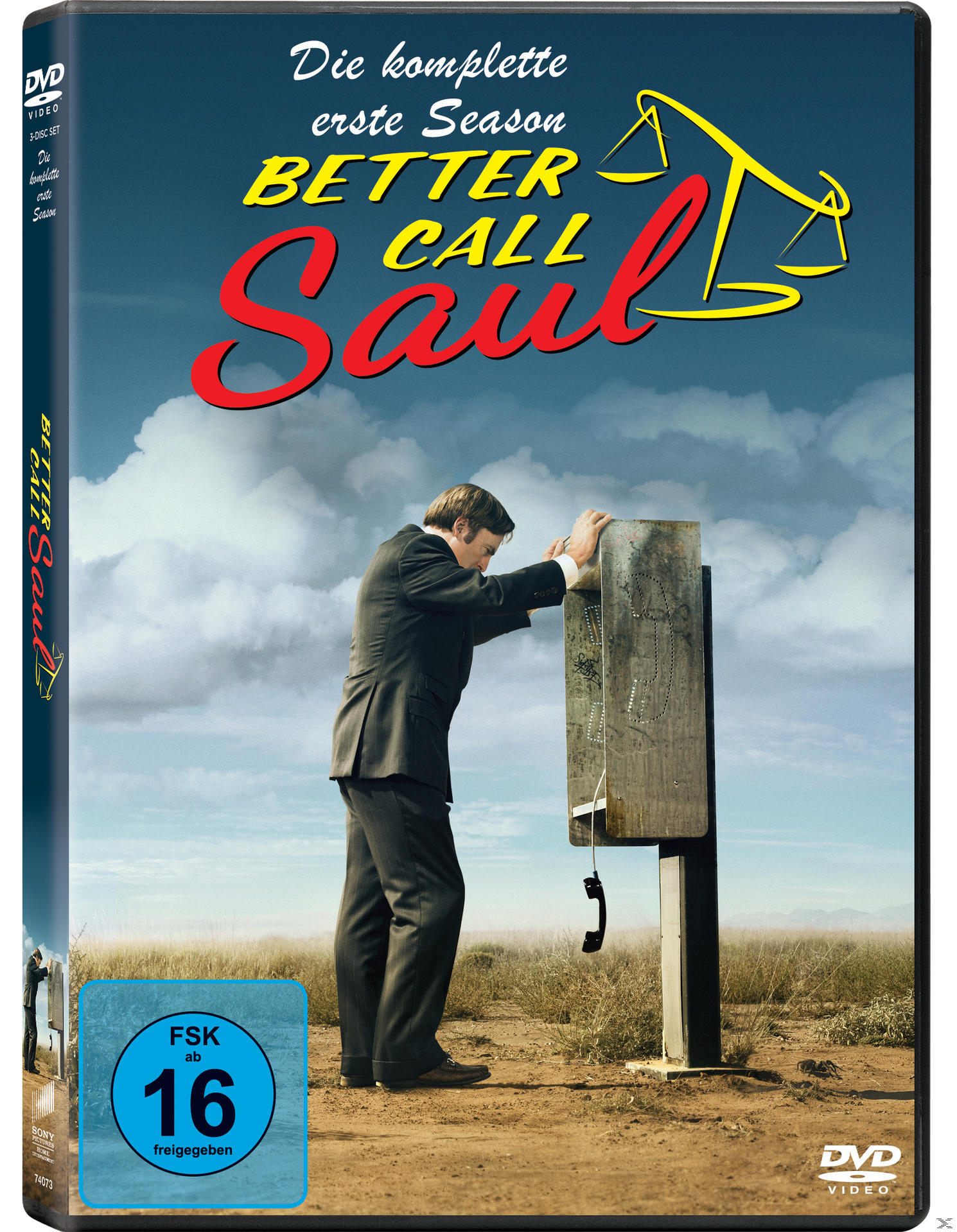 Better Call Saul DVD-Cover. Mann an einer Telefonzelle, blauer Himmel, Titel und Logo. Deutscher Text.