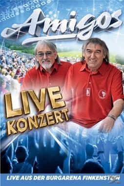 Amigos Live Konzert DVD-Cover. Zwei Männer in roten Hemden. Text ist in Blau und Weiß.