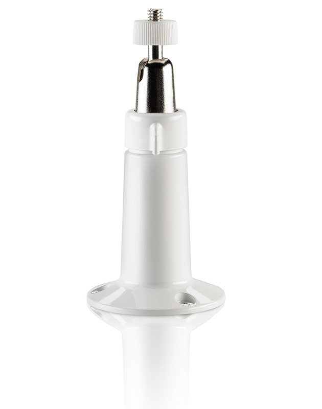 Eine weiße Kamerahalterung auf weißem Hintergrund. Es ist eine lange, zylindrische Form mit einer Schraube oben.