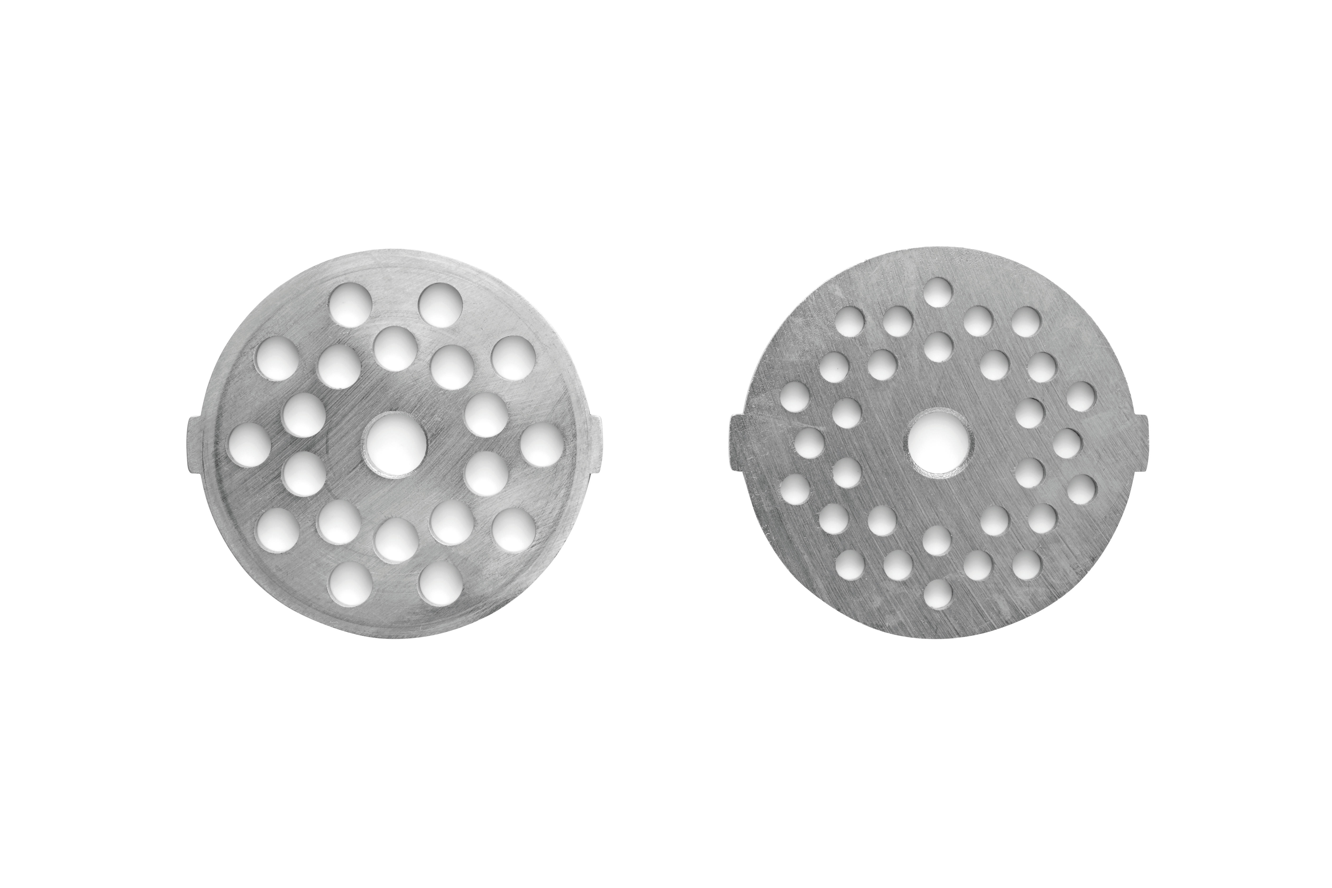Zwei Metall-Schleifplatten mit Löchern. Eine hat mehr Löcher als die andere.