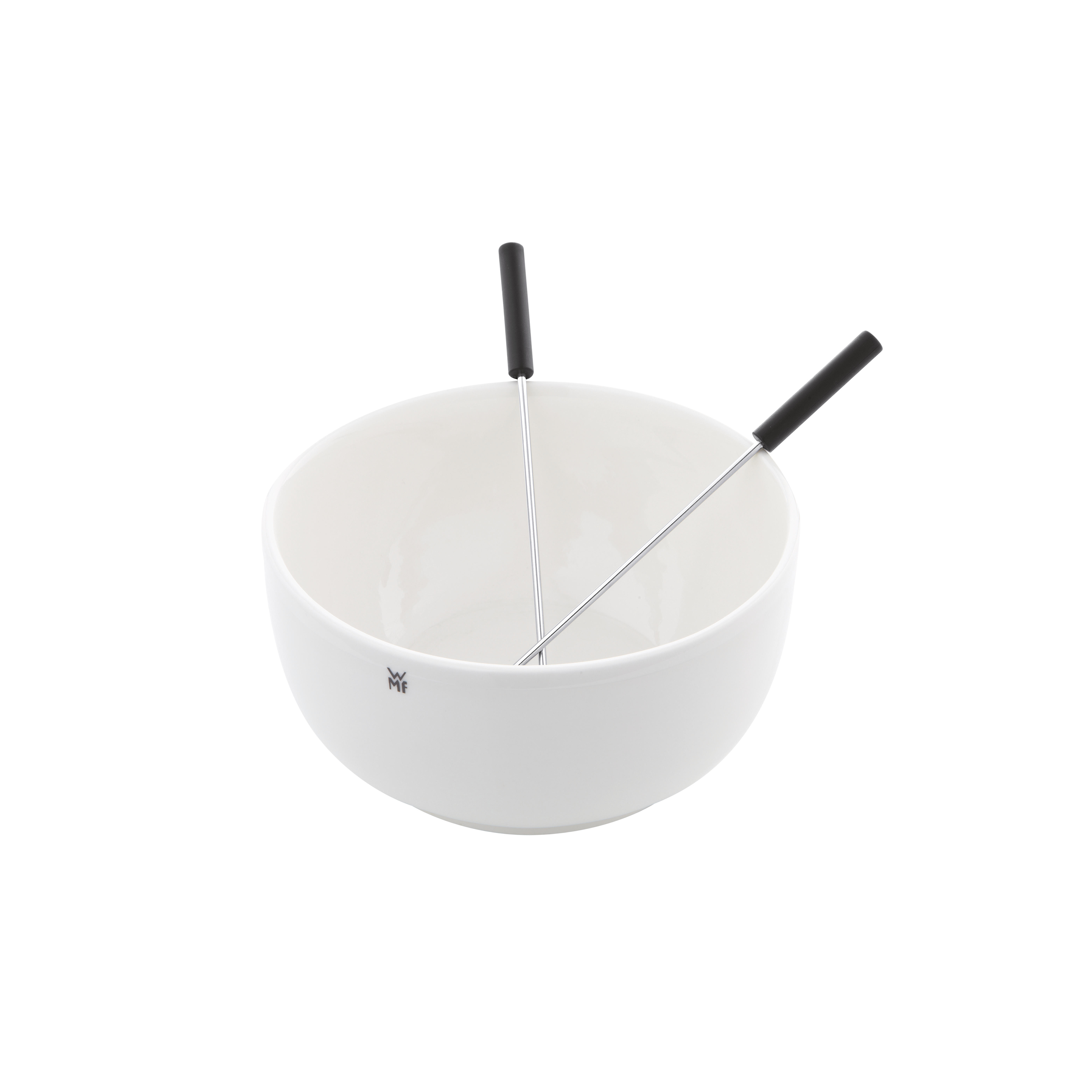 Eine weiße Fondue-Schüssel mit zwei Fondue-Gabeln, ein WMF-Logo.