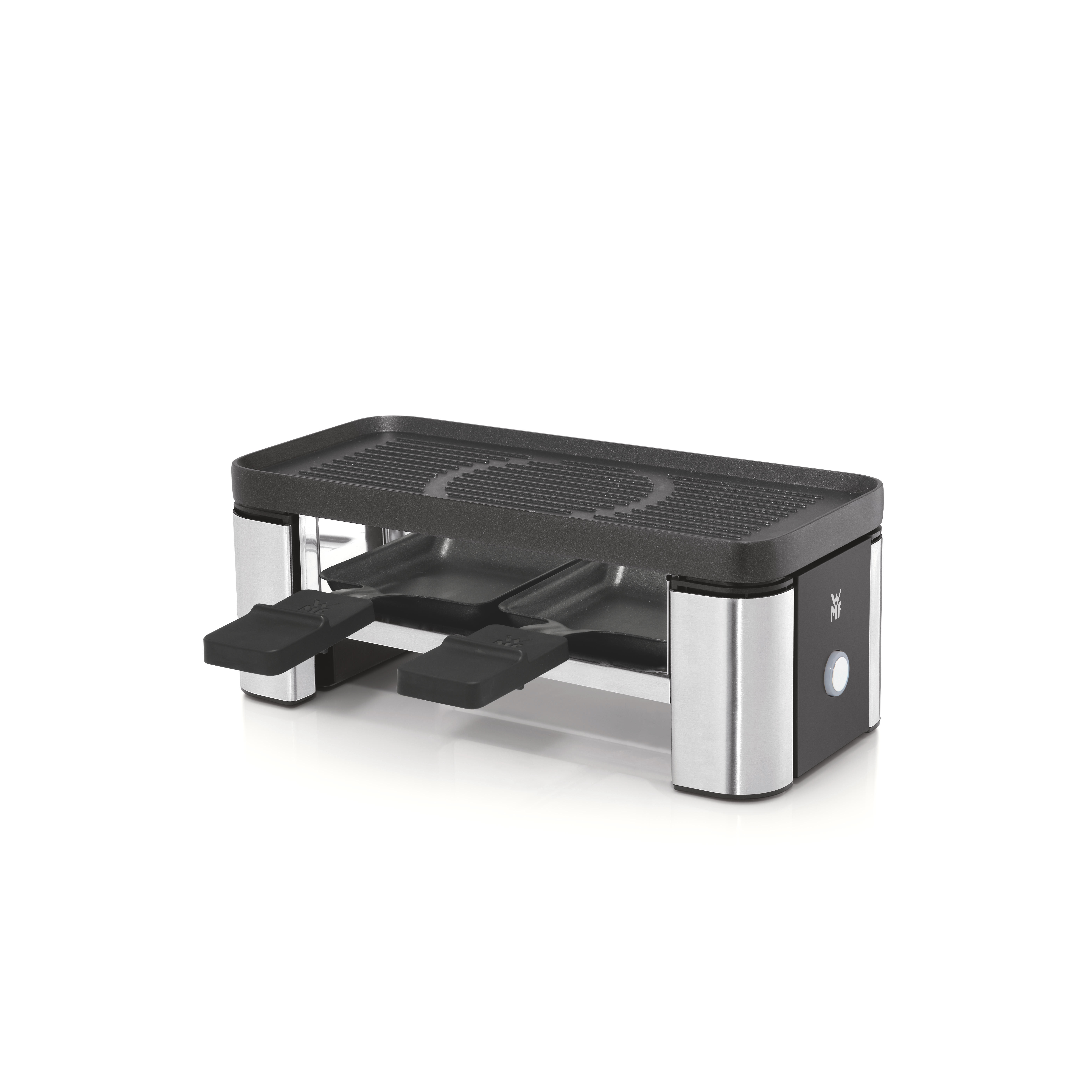 Schwarzer Raclette-Grill. Rechteckig mit zwei Tabletts, Grillplatte und Bedienfeld. Silberne Akzente.