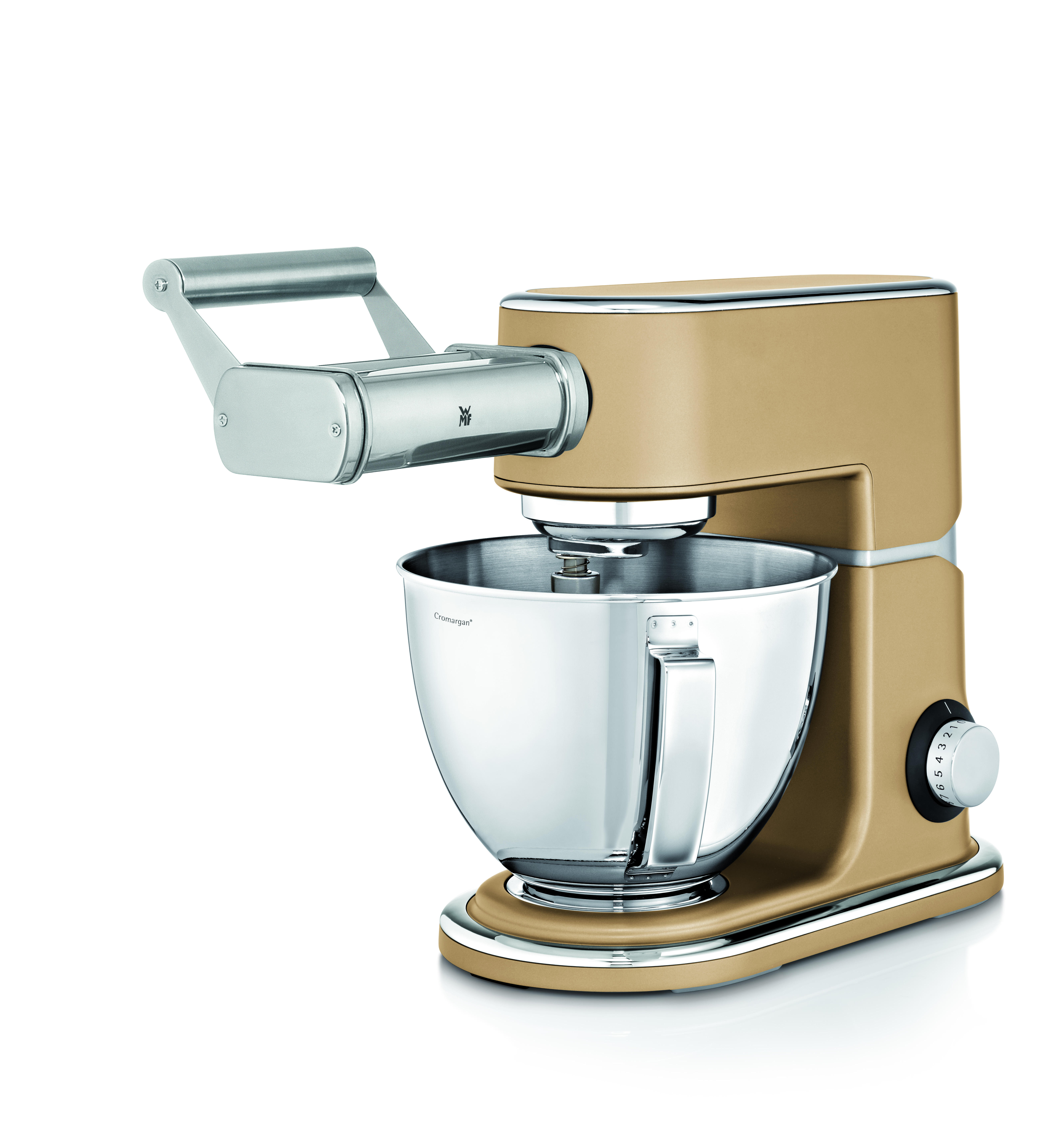 Ein gold-silberner Küchenmixer mit Nudelaufsatz.