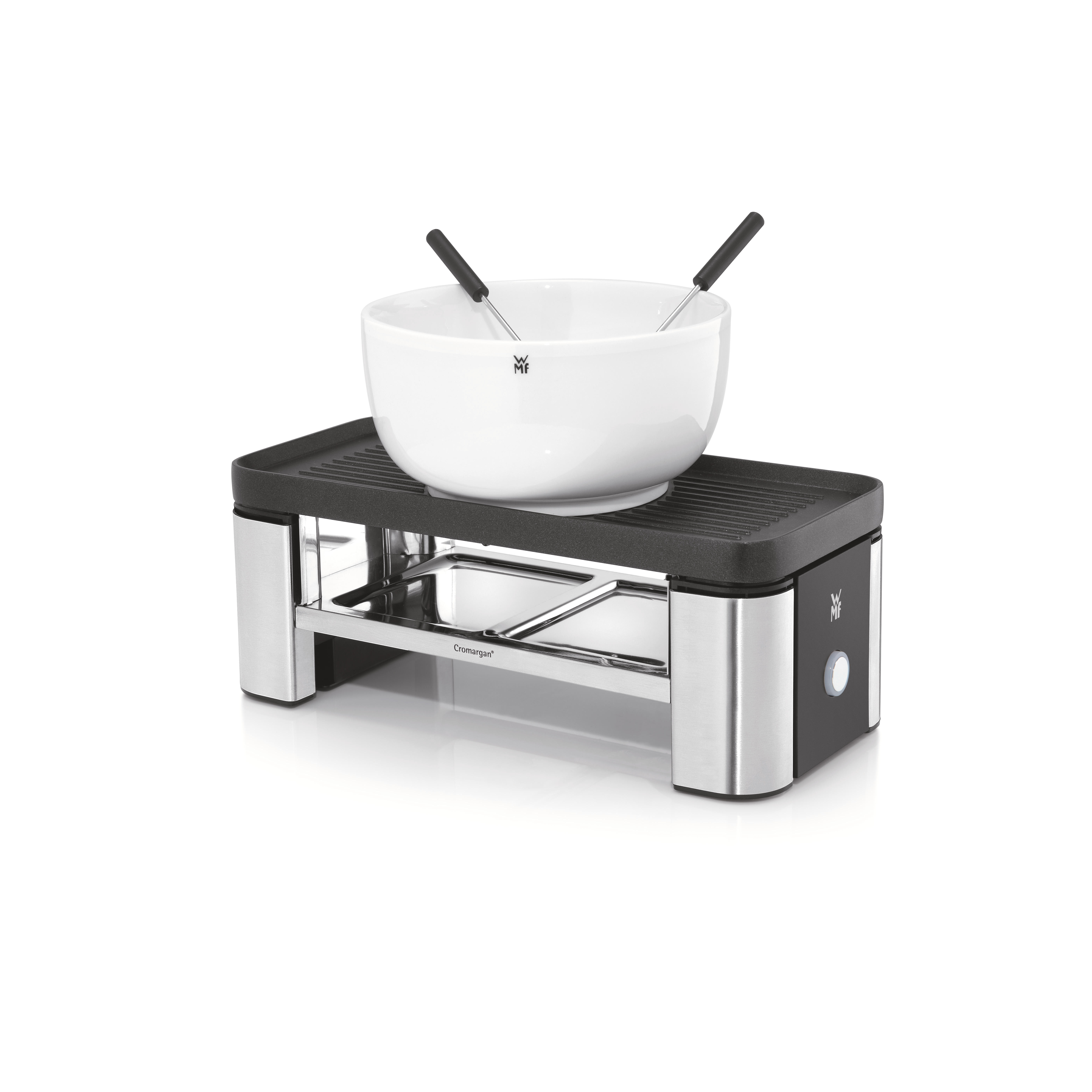 Ein weißes Fondue-Set auf einem schwarzen und silbernen Metallsockel. Enthält eine weiße Schüssel und zwei Gabeln mit schwarzem Griff.