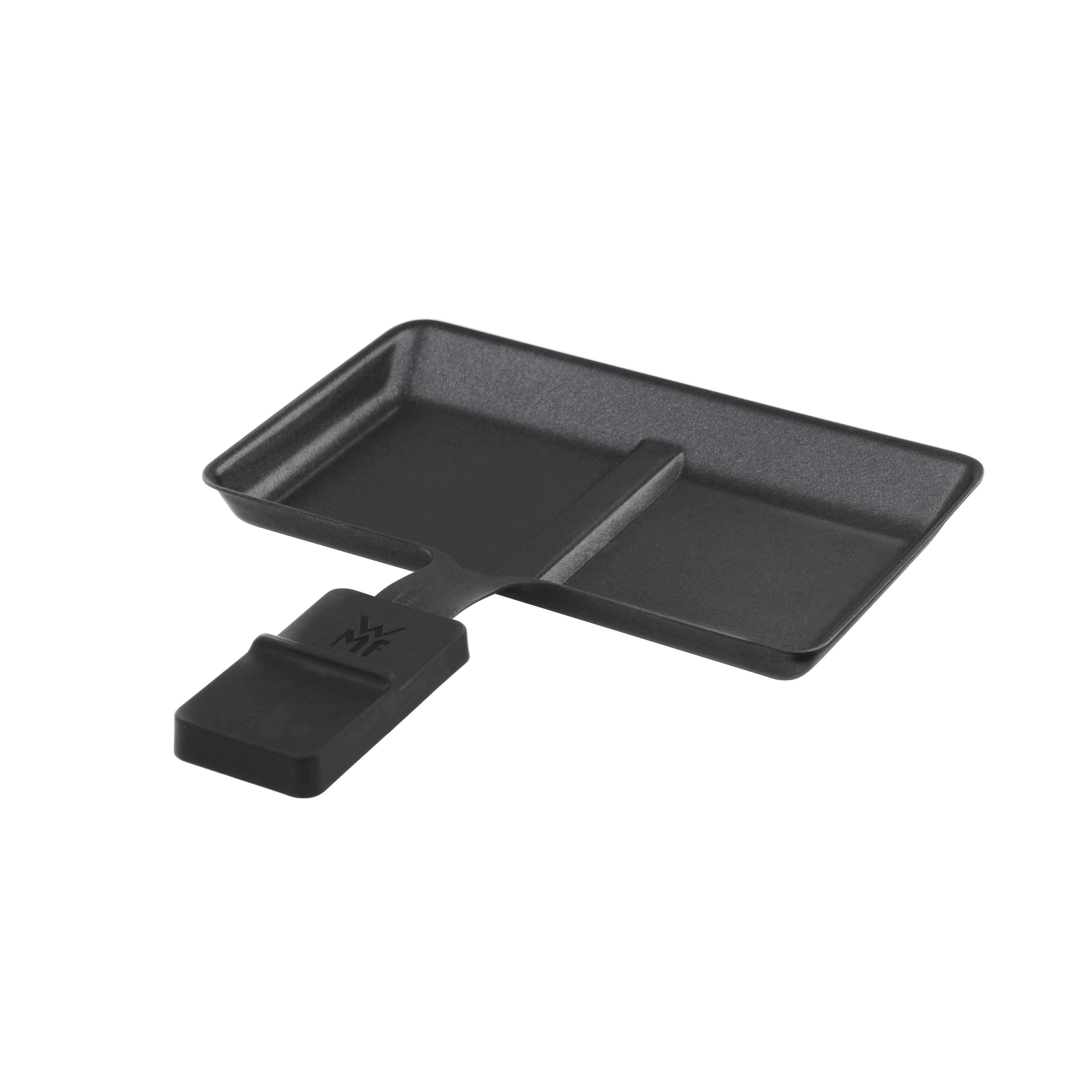 Schwarzer Raclette-Grill. Hat einen Griff auf einer Seite und zwei Kochflächen.