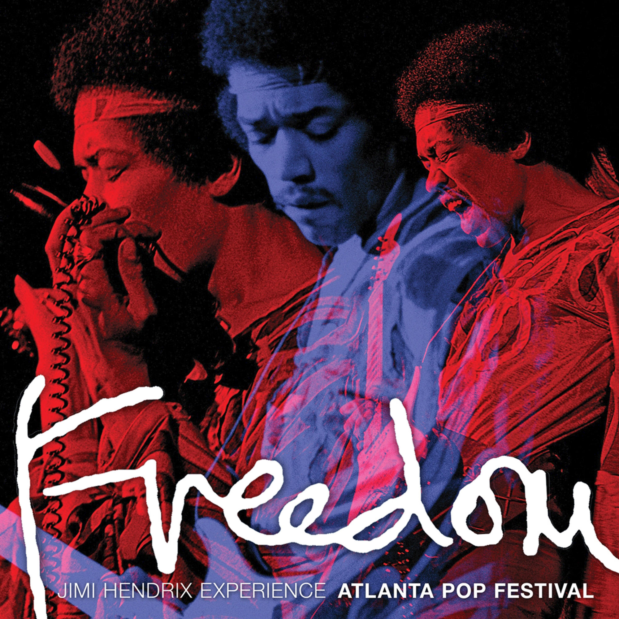 Jimi Hendrix képe piros, kék és fehér színátfedéssel, a Freedom szóval.