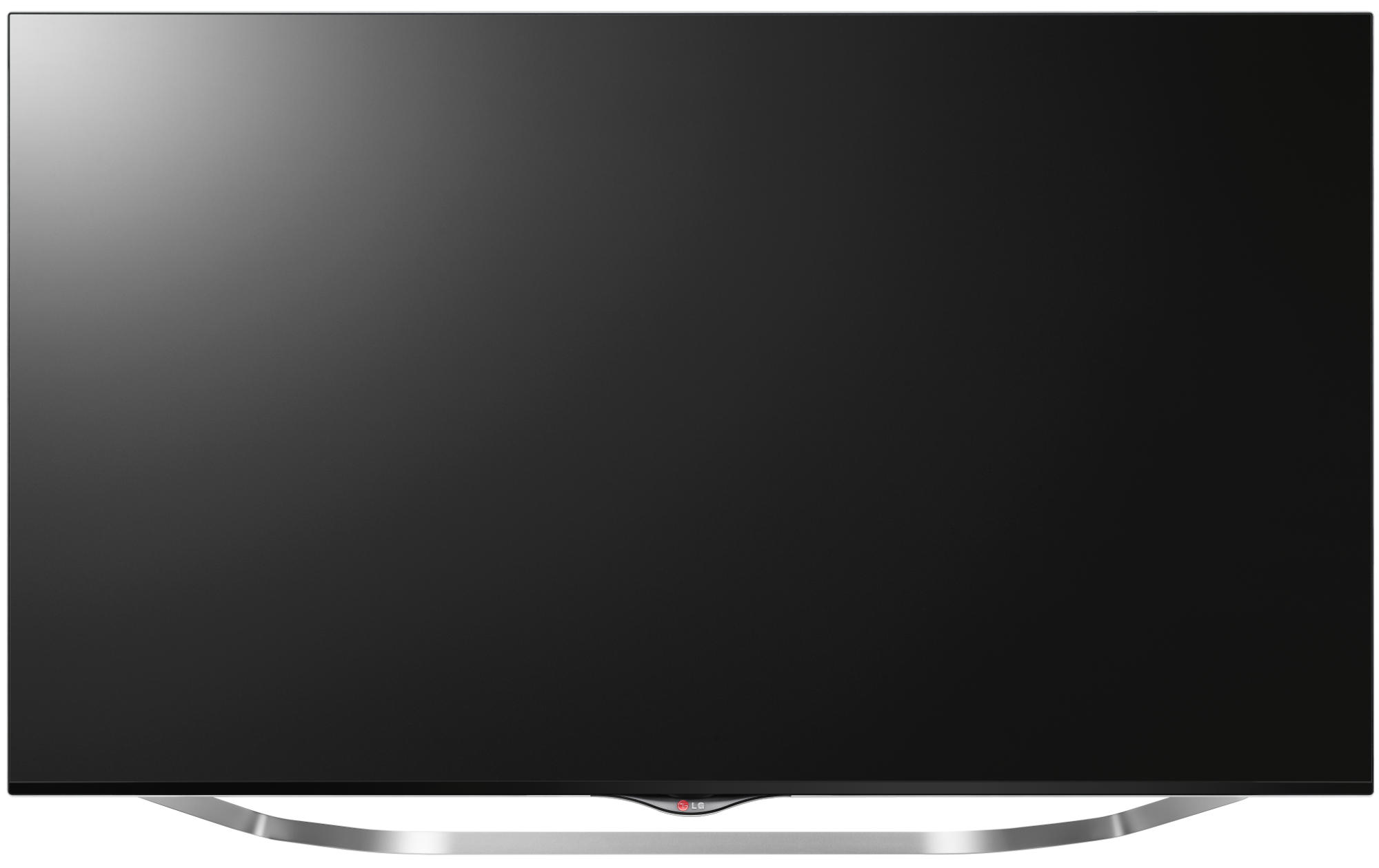 Televisor LG con pantalla negra. Un soporte plateado es visible en la parte inferior.