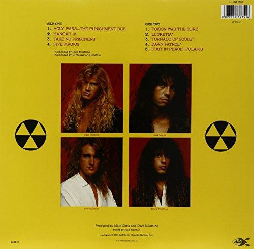 Albumhoes met vier portretten van bandleden. Gele achtergrond met songtitels en een stralingssymbool.