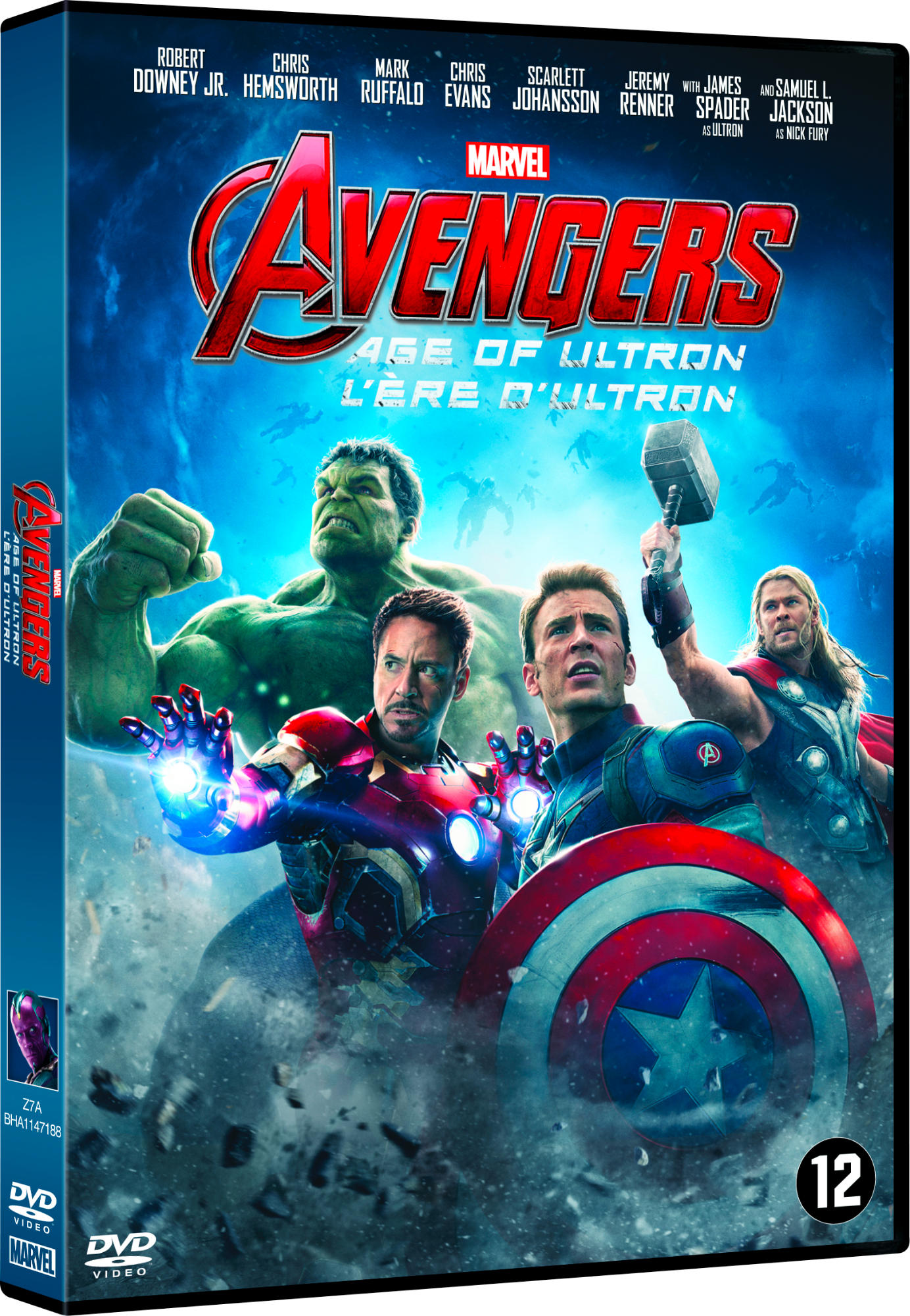 Couverture du DVD Avengers : L'Ère d'Ultron. Personnages des Avengers. Texte : Avengers L'Ère d'Ultron.