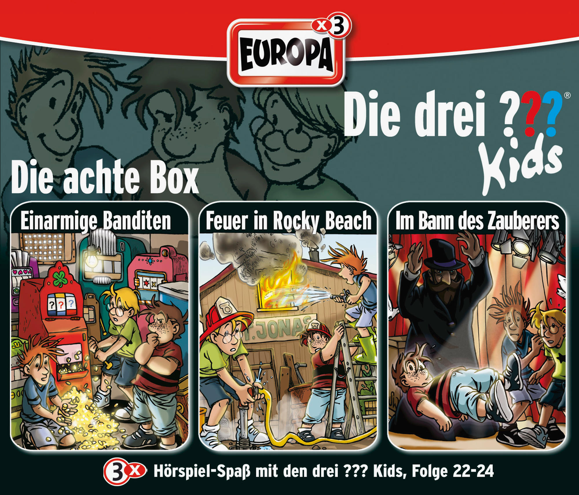 Comic-Cover: Drei ??? Kids-Geschichten mit Cartoon-Illustrationen.