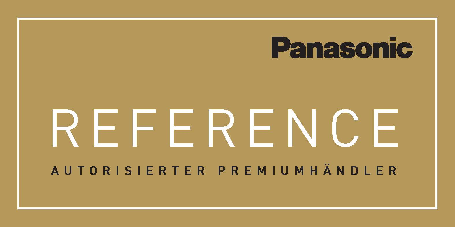 Panasonic Reference Logo. Goldener Hintergrund mit weißem Text. Autorisierter Premiumhändler.