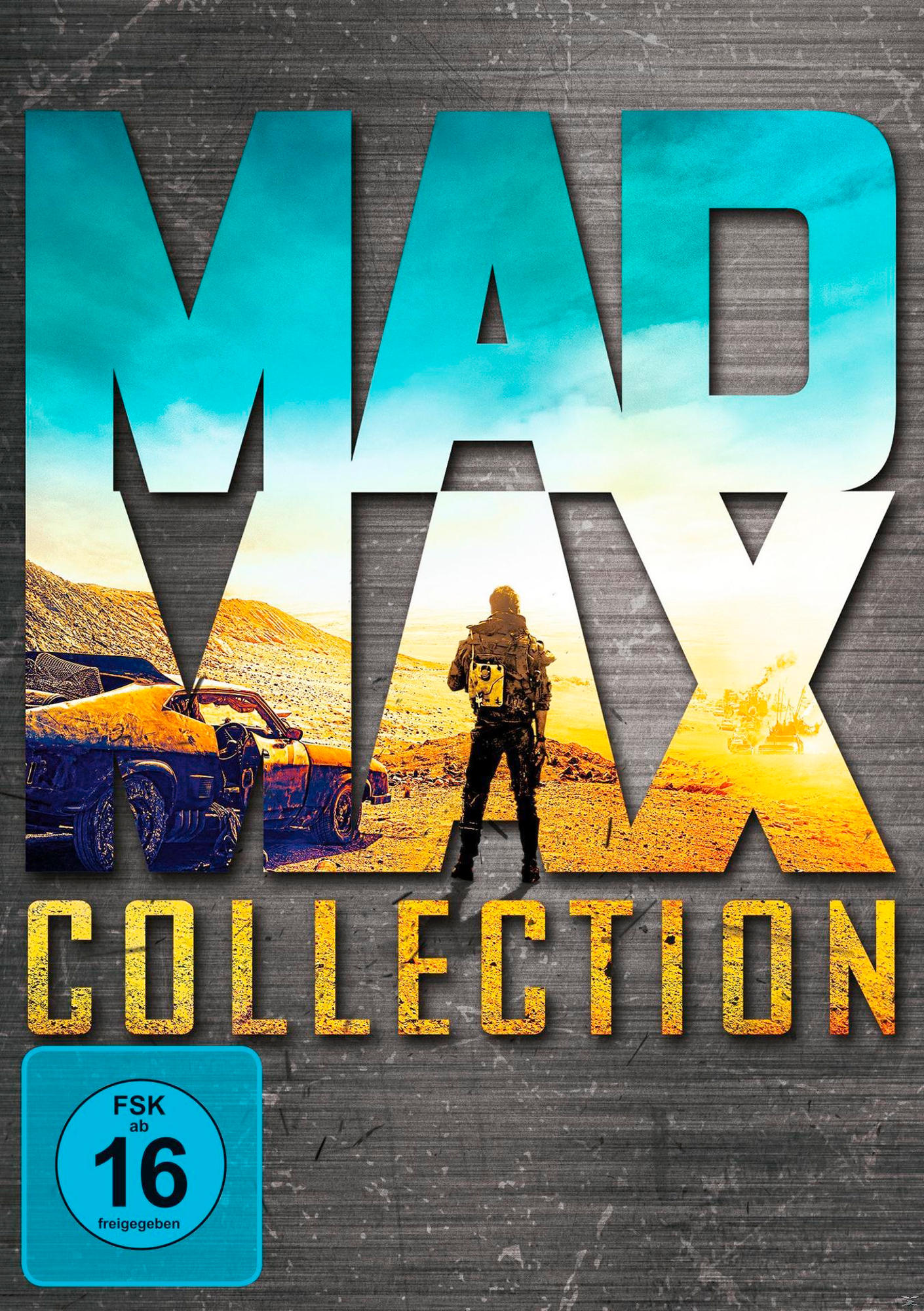 Mad Max Collection Cover. Mann in der Wüste. Autos und Explosionen sind in den Buchstaben zu sehen. Bewertung: FSK ab 16.
