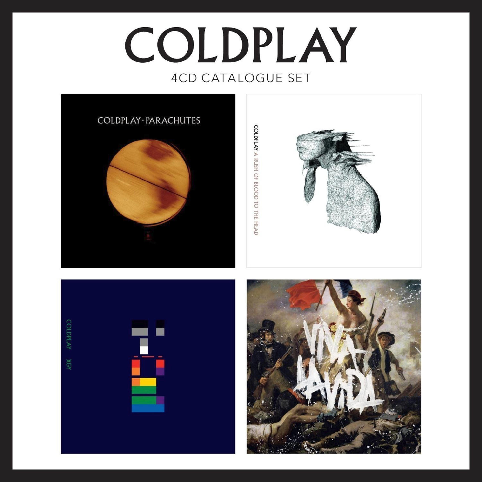 Vier cd-hoezen van Coldplay. Elke hoes heeft een uniek ontwerp en kleurenschema.