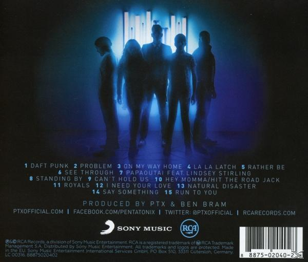 Rückseite der CD-Hülle. Fünf Figuren als Silhouette gegen blaues Licht. Titelliste unten. PTX-Logo.
