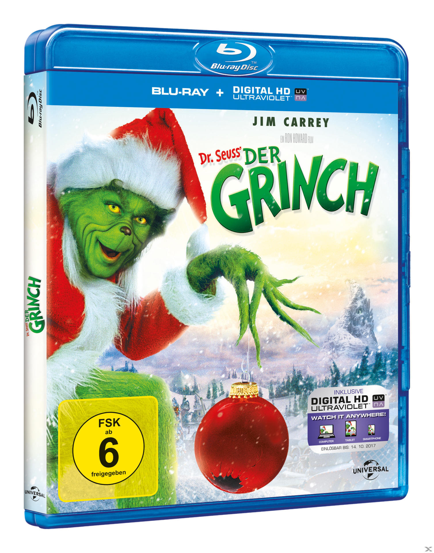 Filmcover von 'Dr. Seuss' The Grinch'. Der Grinch ist auf dem Cover und eine Weihnachtskugel.