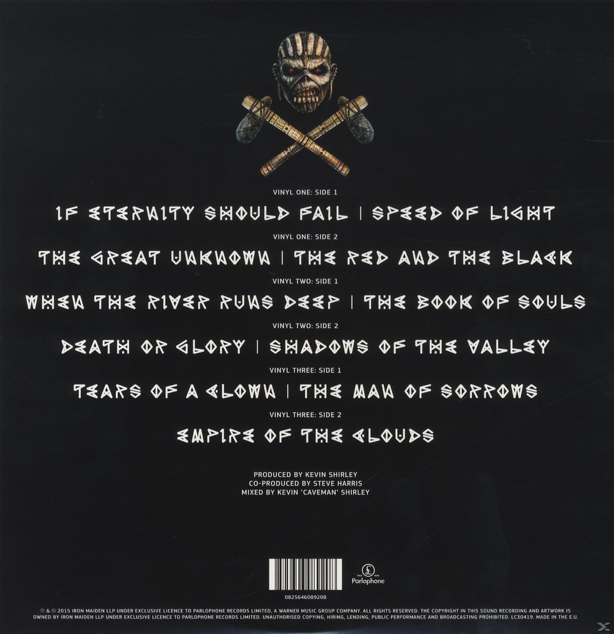 Album-Rückseite mit Titelliste und Credits. Enthält Texte und ein gekreuztes Beilpaar.
