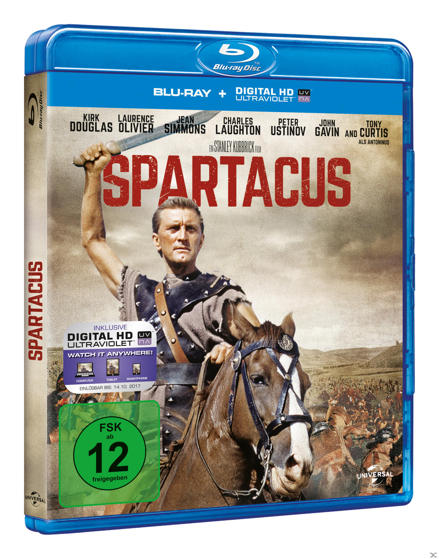 DVD-Hülle: Spartacus. Ein Mann auf einem Pferd, der ein Schwert hält. Blauer Hintergrund. Text: Spartacus.