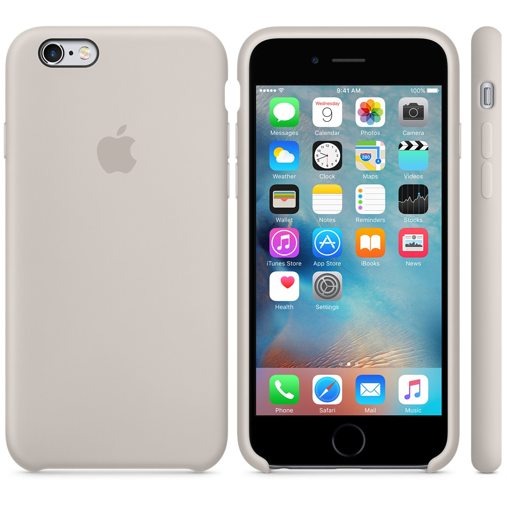 Ein iPhone in einer hellbeigen Hülle. Der Bildschirm zeigt den Startbildschirm mit Apps. Das Apple-Logo ist sichtbar.
