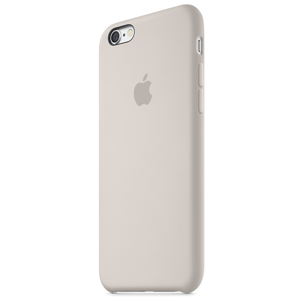 Ein iPhone in einer hellbeigen Hülle auf weißem Hintergrund, zeigt die Rückseite.