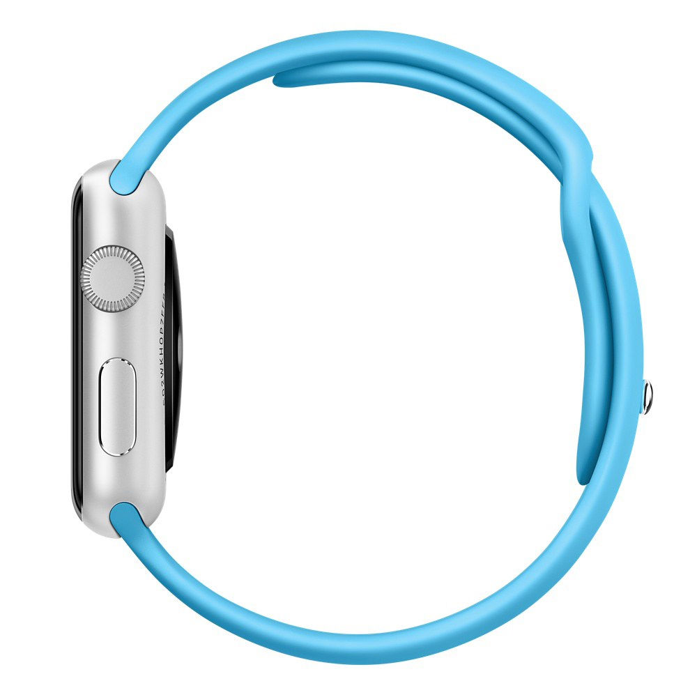 Silberne Apple Watch mit blauem Armband, von der Seite betrachtet.