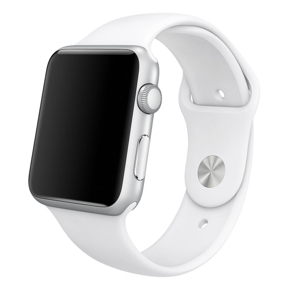 Weiße Apple Watch mit weißem Armband. Die Uhr hat einen schwarzen Bildschirm und einen silbernen Knopf.