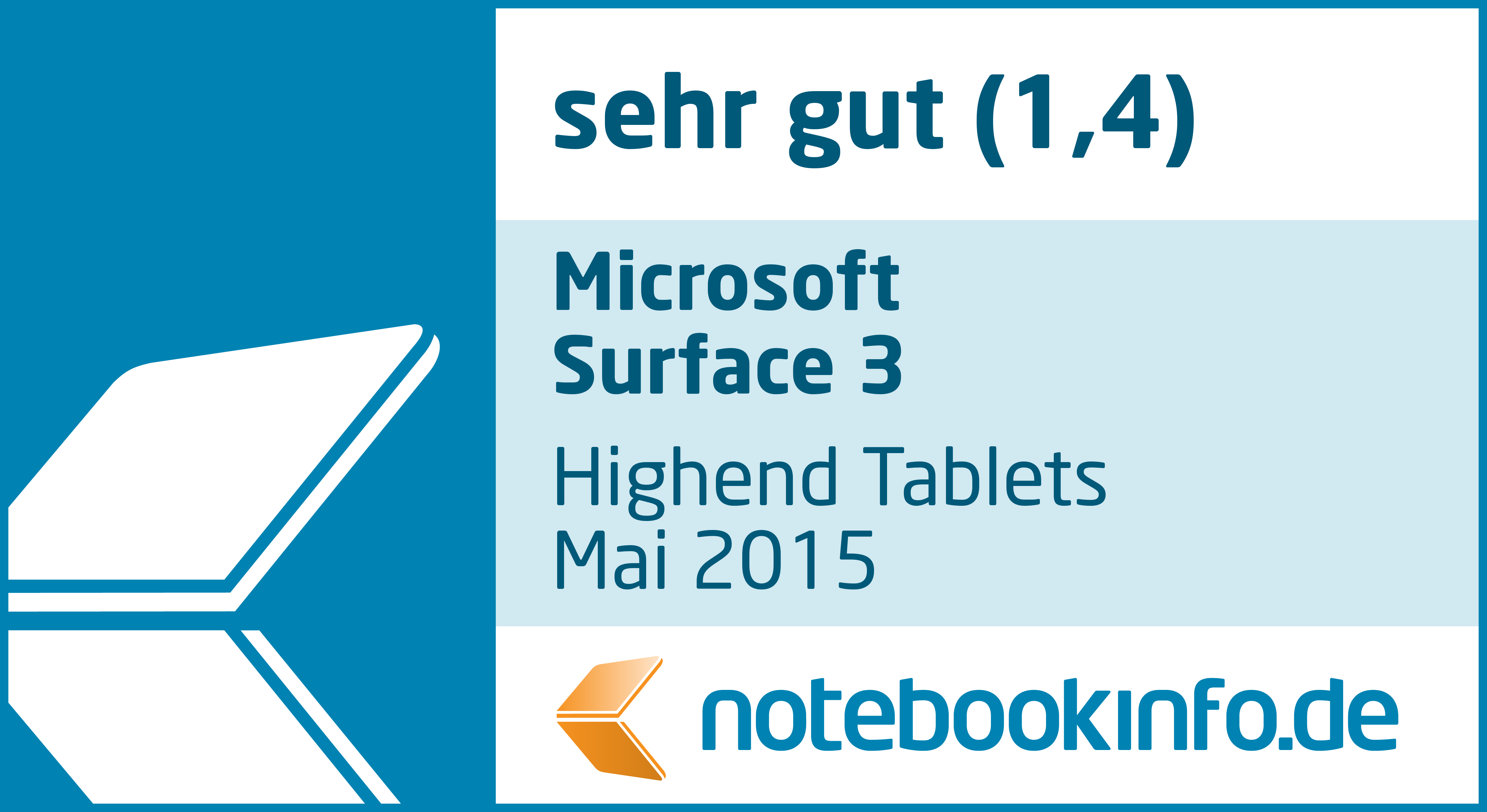 Bild zeigt Bewertung für Microsoft Surface 3, bewertet mit 'sehr gut'.