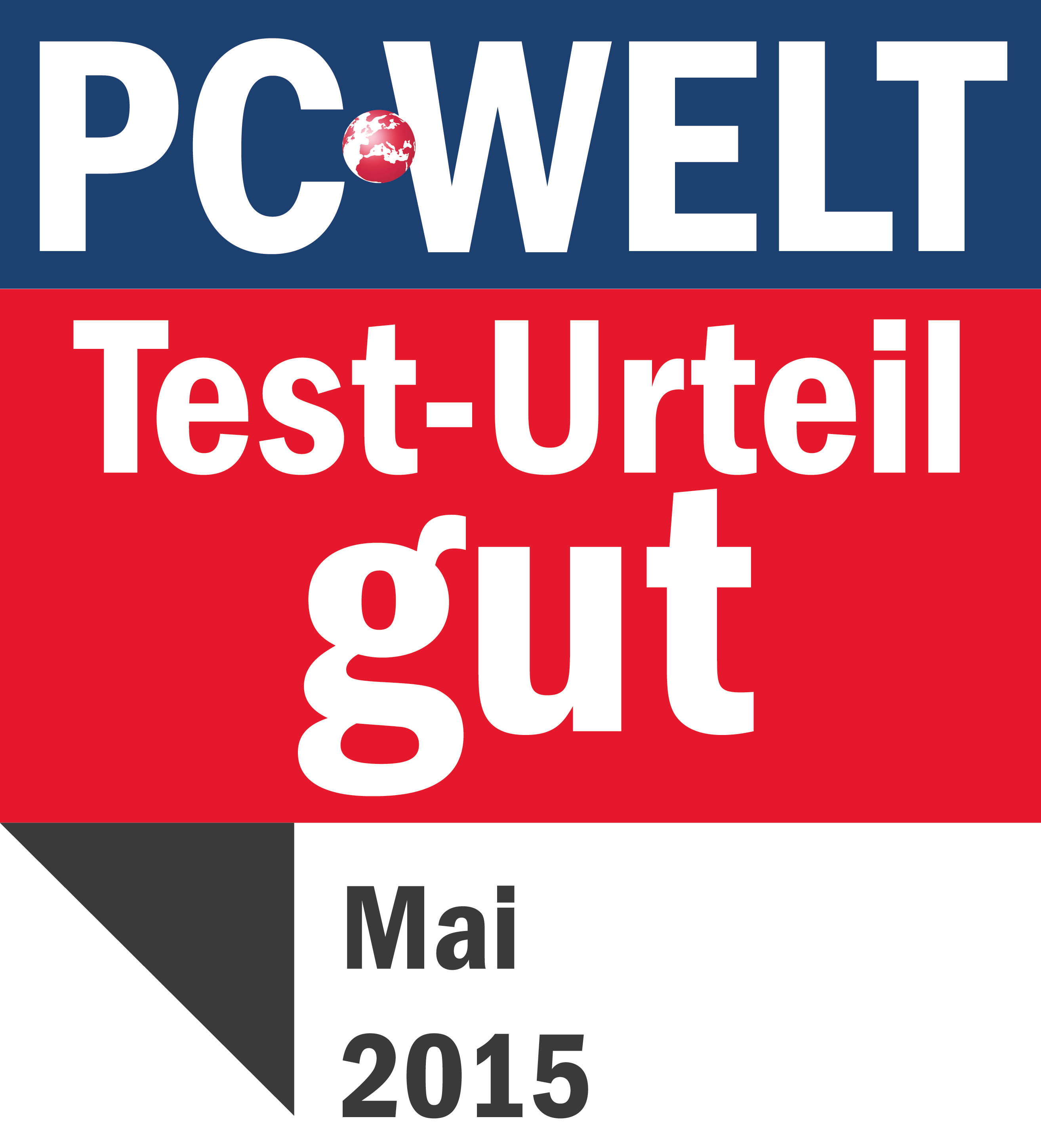 Bild zeigt PC Welt Testergebnis, 'gut' Bewertung, Mai 2015.