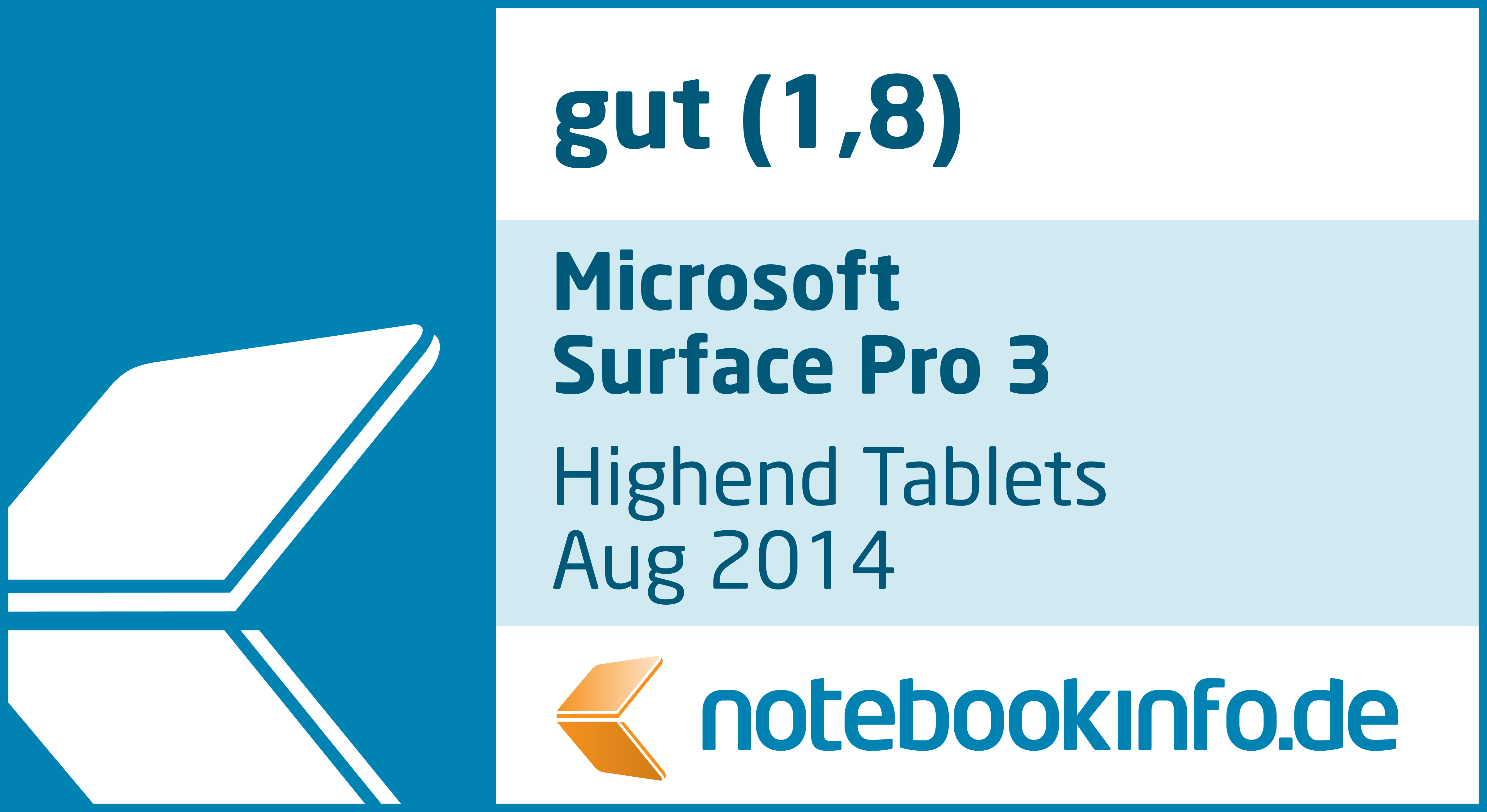 Bild zeigt Bewertung für Microsoft Surface Pro 3, mit 'gut' bewertet.