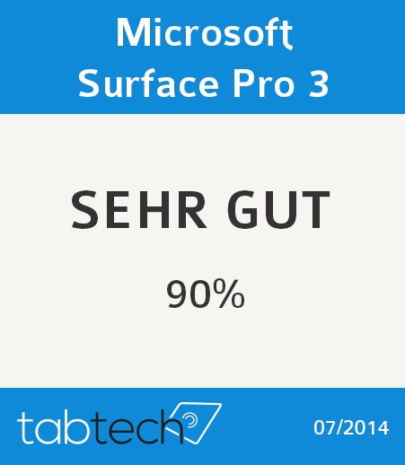Bild zeigt 'sehr gut' und 90% für Microsoft Surface Pro 3, 07/2014.