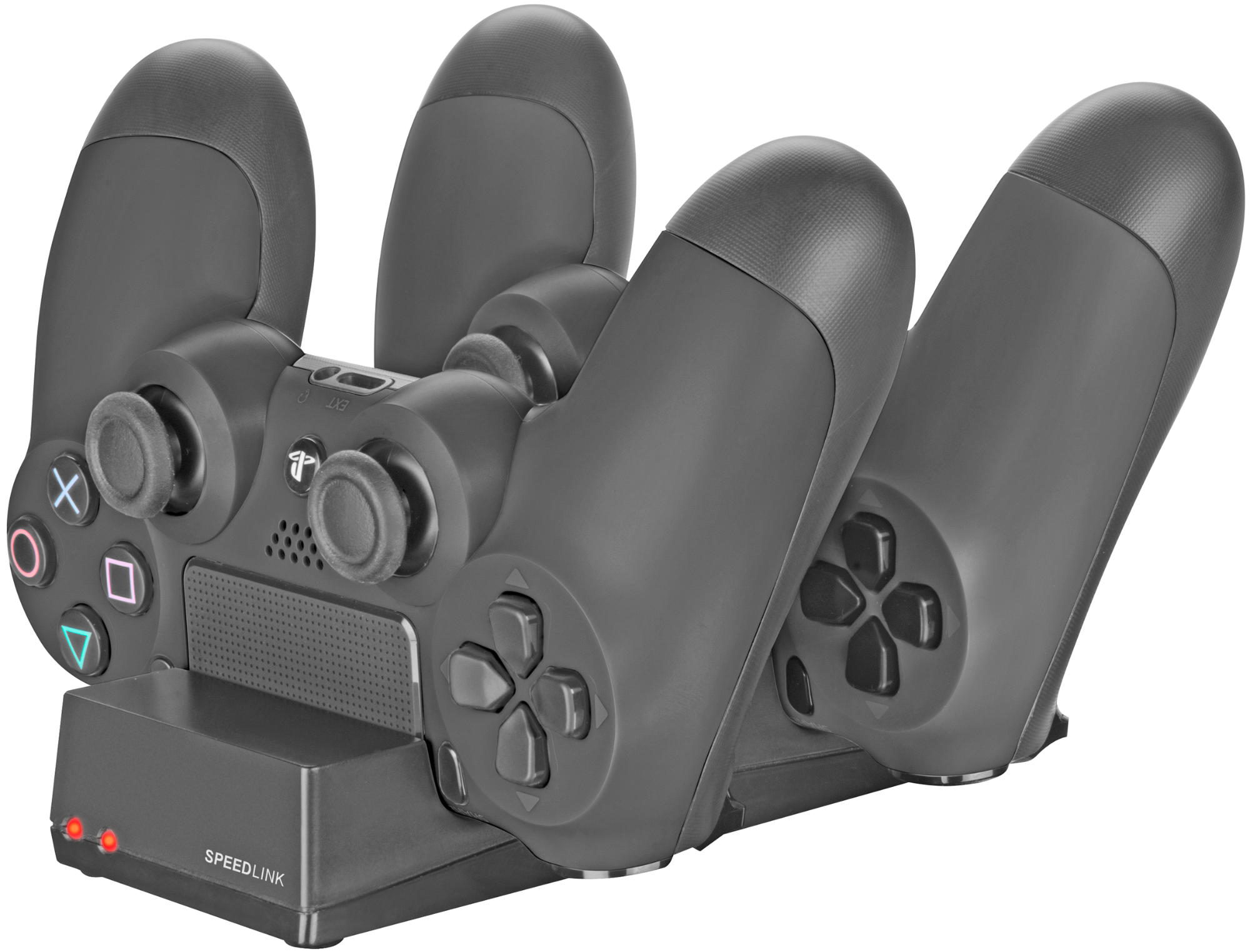 Schwarze Gamecontroller-Ladestation mit vier Controllern.