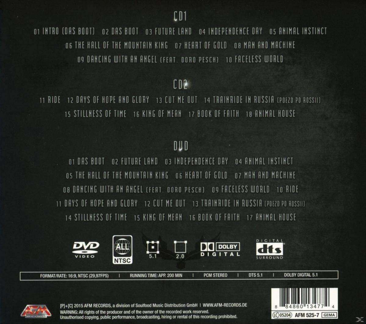 CD és DVD tok. A szöveg felsorolja a dalcímeket és a műszaki adatokat. DVD, NTSC, Dolby és DTS logók láthatók.