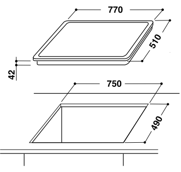 Diagramme montrant les dimensions d'une table de cuisson à induction. Dimensions en millimètres.
