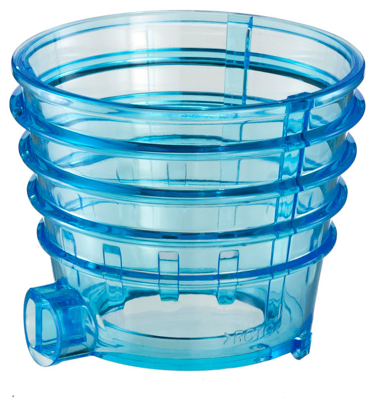 Ein transparent blauer Behälter mit zylindrischer Form und einem Ausguss. Es ist Teil eines Geräts.