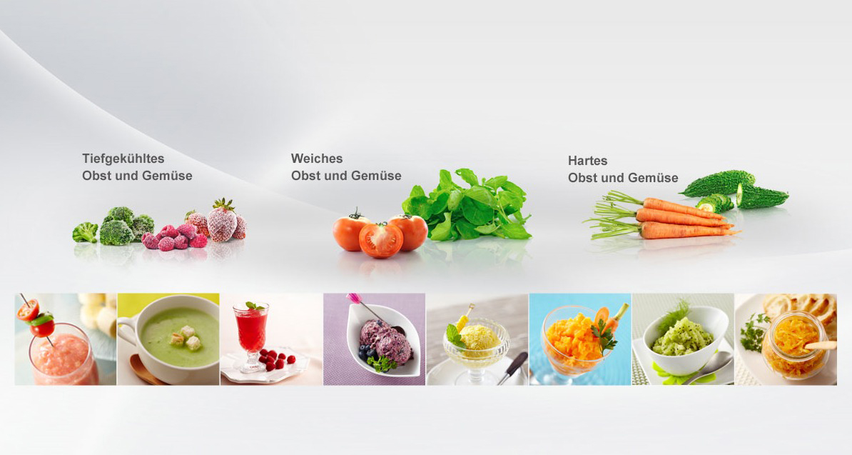 Abbildung von Gemüse und Obst, die gefrorene, weiche und harte Optionen zeigen.