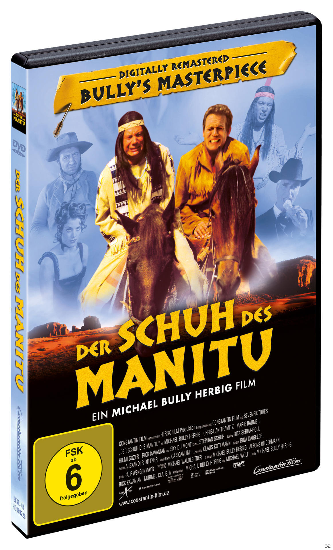 DVD-Cover von 'Der Schuh des Manitu' mit Schauspielern in Indianer- und Cowboy-Kleidung.