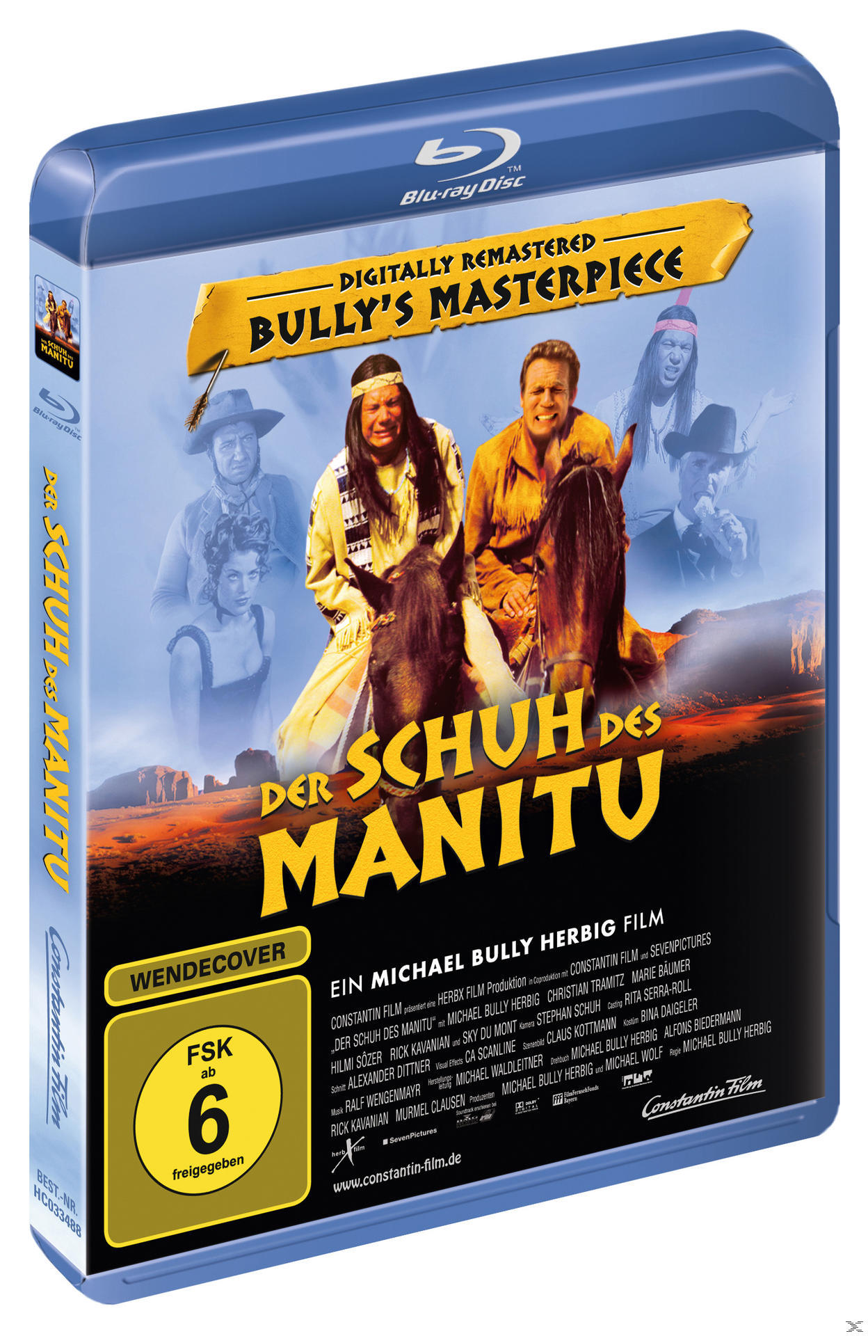 Blu-ray-Cover von "Der Schuh des Manitu" mit als Cowboys und Indianer verkleideten Schauspielern.
