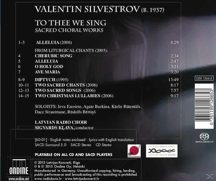 Ein CD-Cover mit Text über geistliche Chorwerke von Valentin Silvestrov, mit aufgeführten Titeln.