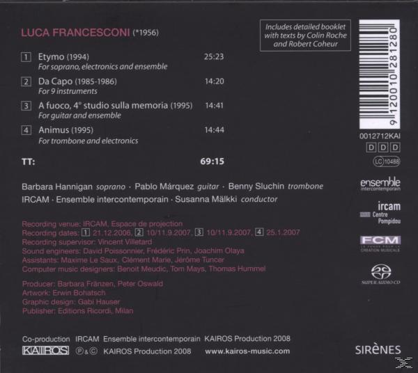 Rückseite eines Albums mit Titelliste und Text, mit Text in mehreren Sprachen und Noten.