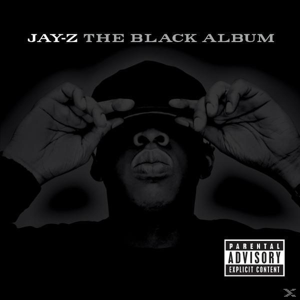 Albumcover für Jay-Z's 'The Black Album'. Ein Schwarz-Weiß-Bild von Jay-Z mit Händen auf einer Mütze, die seine Augen bedeckt.