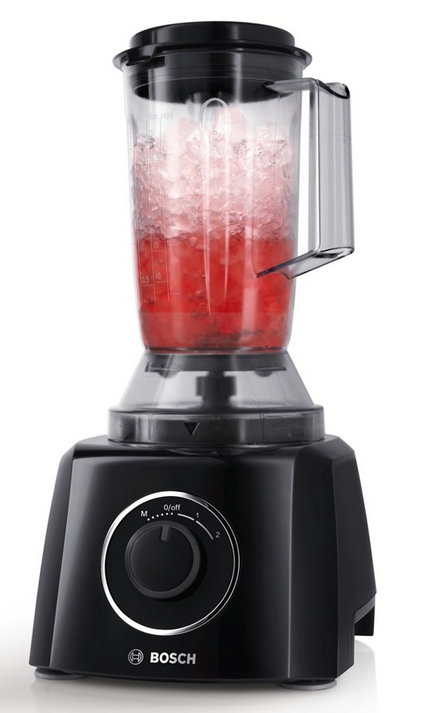 Black blender with red liquid and ice inside. Black base with controls. White background.